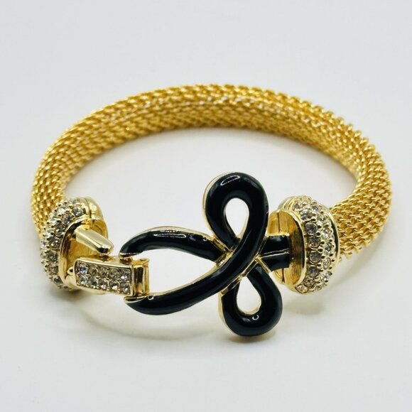 Swan SWAROVSKI Crystal Rhinestone Gold Mesh Black Enamel Bow Bracelet - Picture 6 of 10